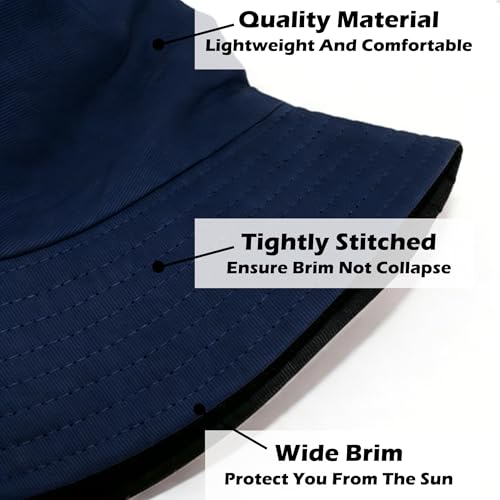 Bucket Hat for Men and Women 2-in-1 Reversible Sun Protection Fashion Flat Top Cap for Fishing Travel Beach Sports - color: Navy-black