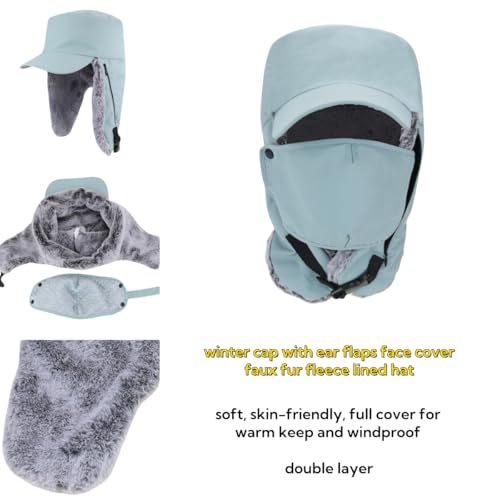 Trapper Hat Warm Faux Fur Winter Cap with Ear Flaps Windproof Waterproof Snow Ski Hats for Men Women Cold Weather - color: Blue Tint