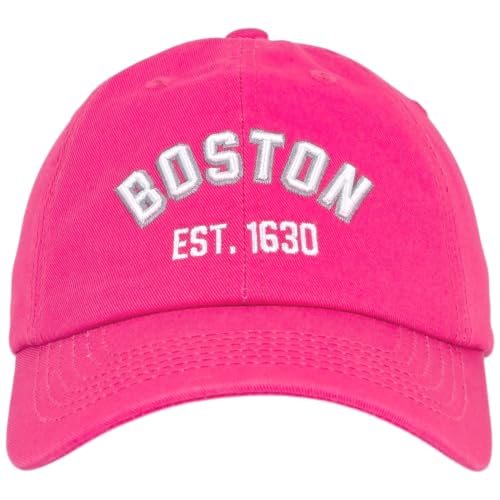 E BY ELIDAN Boston EST 1630 Dad Hat, Embroidered Cotton Baseball Cap - color: Hot Pink