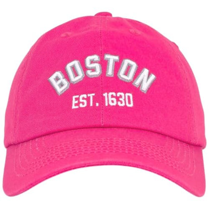 E BY ELIDAN Boston EST 1630 Dad Hat, Embroidered Cotton Baseball Cap - color: Hot Pink
