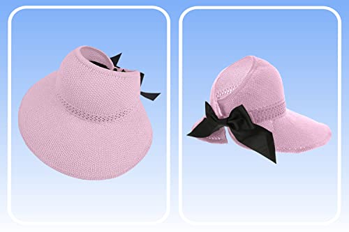 Straw Sun Visor for Women, Wide Brim UPF 50+ Protection Beach Hat, Adjustable, Roll Up Foldable Ponytail Cap with Chin Strap - color: A Light Pink