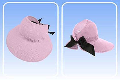 Straw Sun Visor for Women, Wide Brim UPF 50+ Protection Beach Hat, Adjustable, Roll Up Foldable Ponytail Cap with Chin Strap - color: A Light Pink