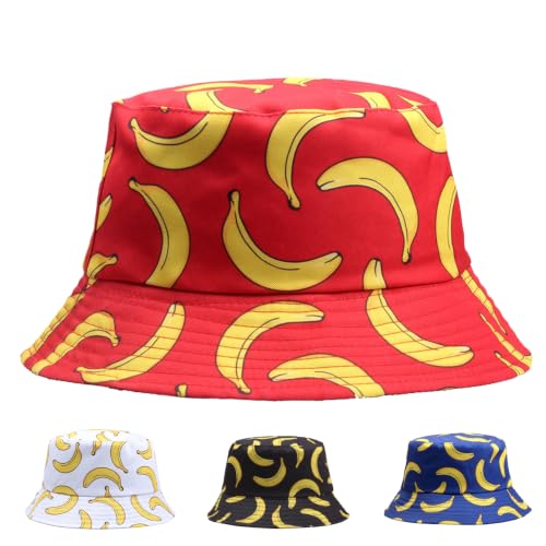 Funny Bucket Hat Foldable Festival Hats Wide Brim Hat Unisex Reversible Fisherman Hats Fruit Patterns - color: Banana-red