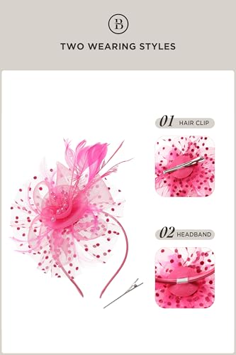 BABEYOND Fascinators Hats for Women Tea Party Flower Tulle Bead Derby Hat - color: Hot Pink