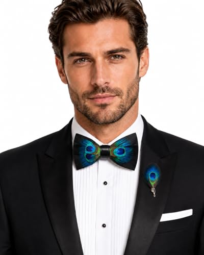 RBOCOTT Handmade Feather Pre-tied Bow tie and Brooch Sets for Men - color: Peacock Blue/Black