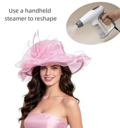 Haojing Women's Organza Church British Fascinator Bridal Tea Party Wedding Hat Summer Ruffles Cap - color: Hj-pink Bow 2