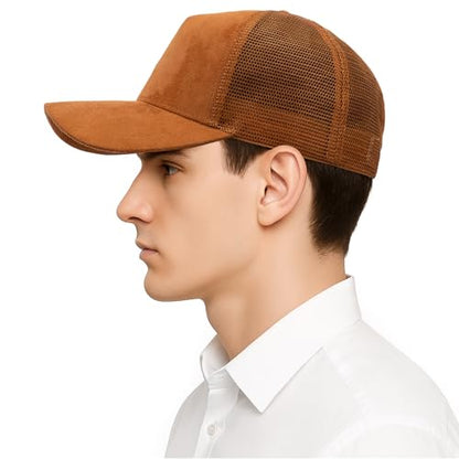 TopTie Suede Mesh Baseball Cap, Breathable Snapback Trucker Cap, 5-Panel Unisex Adjustable Sports Hat for Outdoor - color: Brown