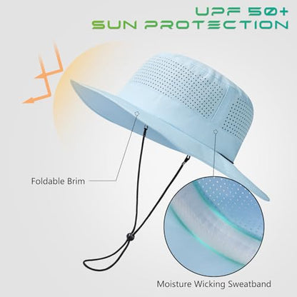 UPF 50+ Bucket Sun Hat with Laser Perforated Mesh Cooling Adjustable Breathable Lightweight for Outdoor Men Women - color: Cream Blue