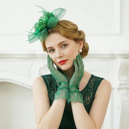 Fascinators Hats with Lace Gloves for Women Headband for Tea Party Wedding - color: Green
