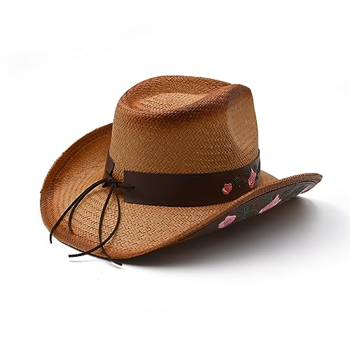 Foeran Men's Women's Straw Cowboy Hat Cowgirl Woven Sun Hat Western Cowboy Hat Two Decorative Bands - color: Brown-rose