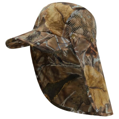 BASSDASH UPF 50+ Fishing Hat, Baseball Cap with Removable Neck Flap - color: Autumn Forest With Foldable Brim