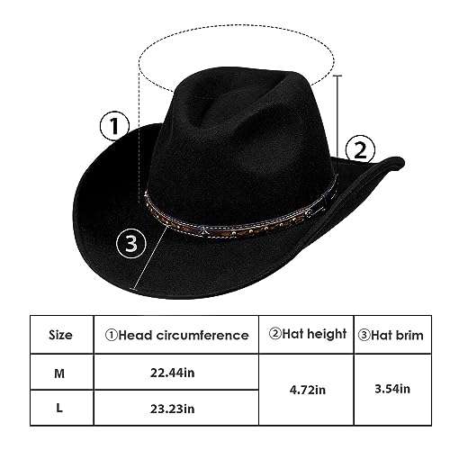 Cowboy Hat Water-Resistant Felt Hats 100% Wool Wide Brim Western Panama Rancher Hat for Women Men - color: Black 01-cowboy Hat, size: 7 1/8