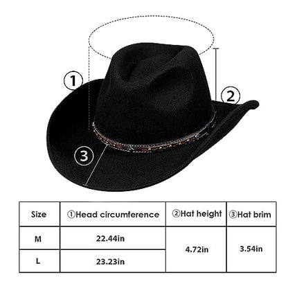 Cowboy Hat Water-Resistant Felt Hats 100% Wool Wide Brim Western Panama Rancher Hat for Women Men - color: Black 01-cowboy Hat, size: 7 1/8