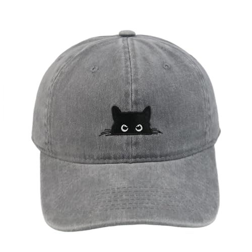 Peeking Black Cat Embroidered Washed Baseball Cap, Adjustable Vintage Dad Hat for Cat Lovers Unisex - color: Grey