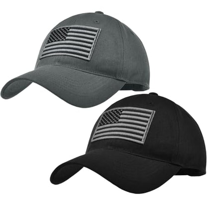 2 Pack American Flag Hats, Patriotic Adjustable Baseball Caps, Low Profile USA Dad Hats for Men Women Daily Wear - color: Black ＆ Grey
