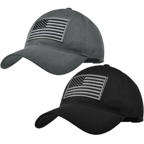 2 Pack American Flag Hats, Patriotic Adjustable Baseball Caps, Low Profile USA Dad Hats for Men Women Daily Wear - color: Black ＆ Grey