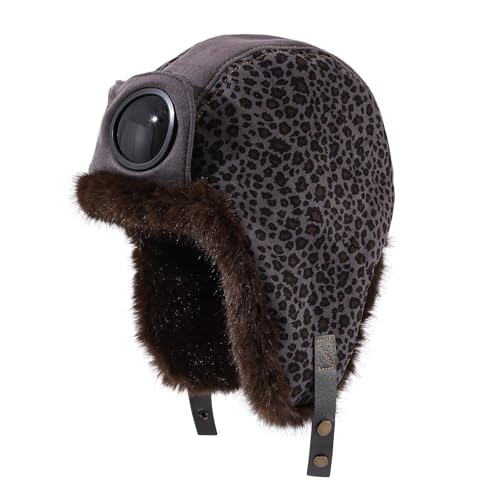 Winter Trapper Hats Leopard Aviator Hat with Goggles Earflaps Russian Trooper Pilot Cap for Men Cold Weather Ski Caps - color: Mg-lfm25121-grey