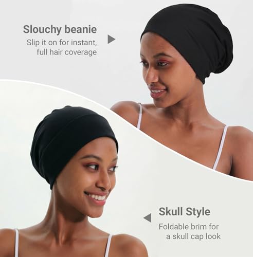 JarseHera 100% Cotton Slouchy Beanie for Women Men Soft Chemo Headwear Set - color: 2 Pcs,black+dark Gray