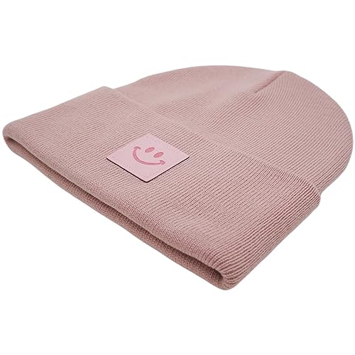 55cube Unisex Knit Cuffed Beanie Hats Warm Winter Caps with Leather Logos - color: Baby Pink