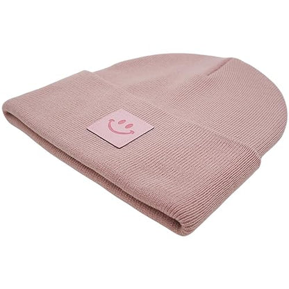 55cube Unisex Knit Cuffed Beanie Hats Warm Winter Caps with Leather Logos - color: Baby Pink