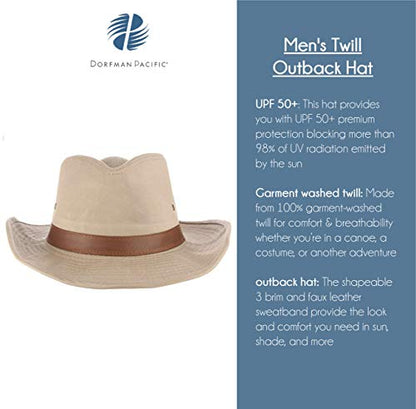 Dorfman Hat Co. - Saguaro -Men’s Twill Outback Hat -Garment Washed Twill -Faux Leather Band - UPF 50+ - color: Khaki, size: Large
