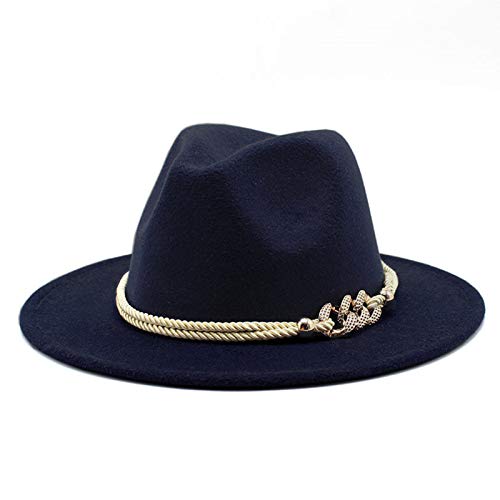 Lady Wide Brim Felt Fedora Panama Hat with Ring Belt - color: Navy, size: Medium