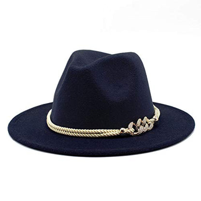Lady Wide Brim Felt Fedora Panama Hat with Ring Belt - color: Navy, size: Medium