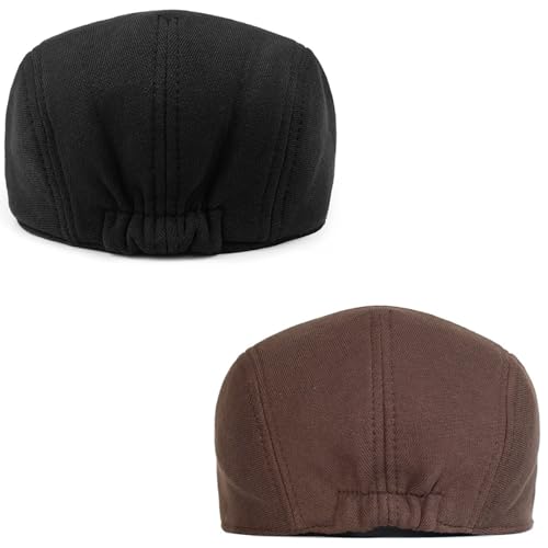 2 Pack Newsboy Cap for Men Women Flat Cap Beret Ivy Cabbie Hat - color: Black + Brown