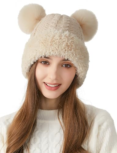 FEOYA Womens Knit Winter Beanie Hat with Faux Fur Pompom Fuzzy Cute Knit Fleece Lined Skull Cap - color: Off-white
