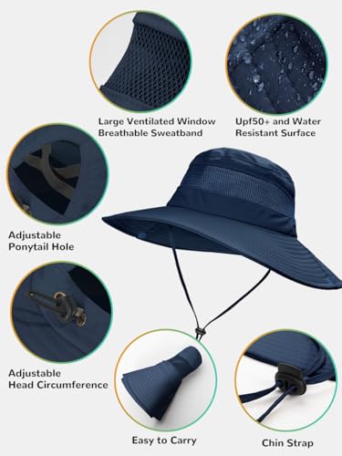 EW East Water Sun Beach Hat for Women, UPF50+ Waterproof with Ponytail Hole - color: Navy Blue