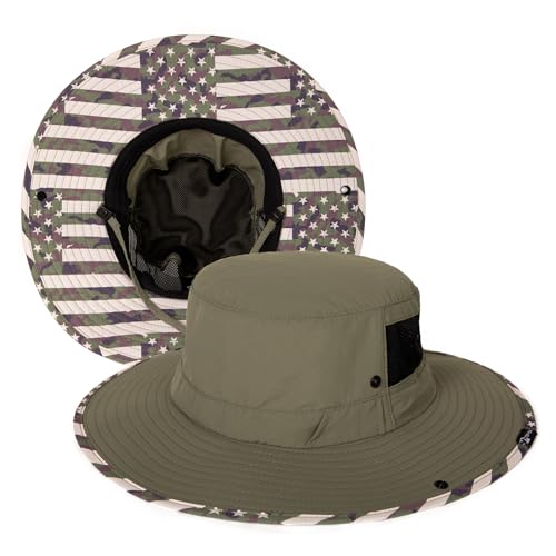 TOP-EX Wide Brim Bucket Sun Hat for Men & Women, Quick-Dry Boonie Hat, Mesh - color: Olive - Camo Flag, size: Medium-Large