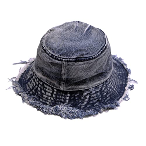 Cotton Denim Distressed Bucket Hat, Sun Hat, Hat for Men and Women - color: Bluc