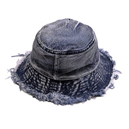Cotton Denim Distressed Bucket Hat, Sun Hat, Hat for Men and Women - color: Bluc