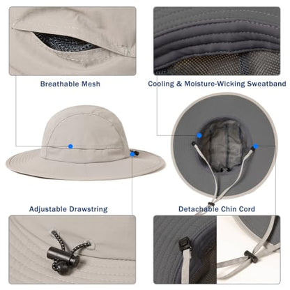 XL/XXL Waterproof Mens Sun Hat Wide Brim UPF 50+ Bucket Hat - color: Light Grey, size: Medium-Large