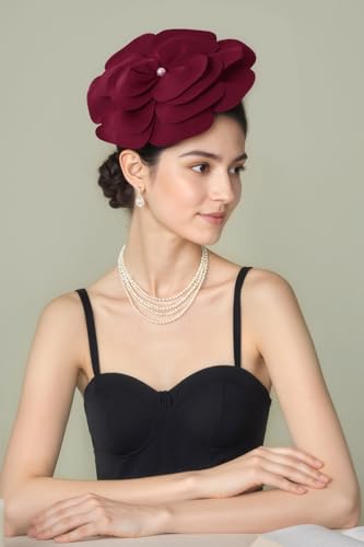 BABEYOND Fascinators Hats for Women Layered Flower Tea Party Derby Hats - color: Wine Red