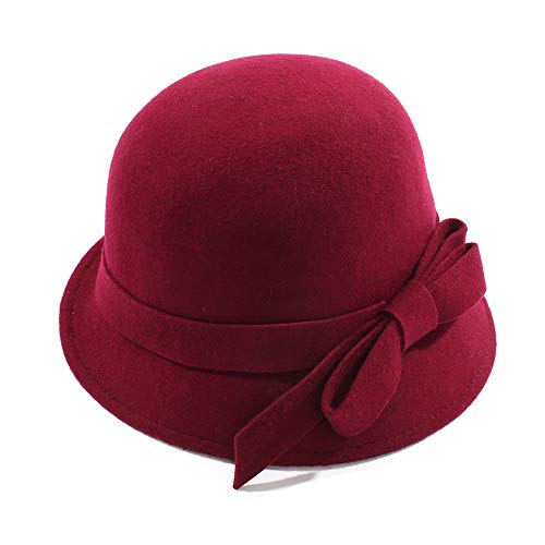 Ladies Wool Felt Bucket Hat Women Vintage Cloche Fedora Winter Church Bowler Hat with Bow - color: Red Wine