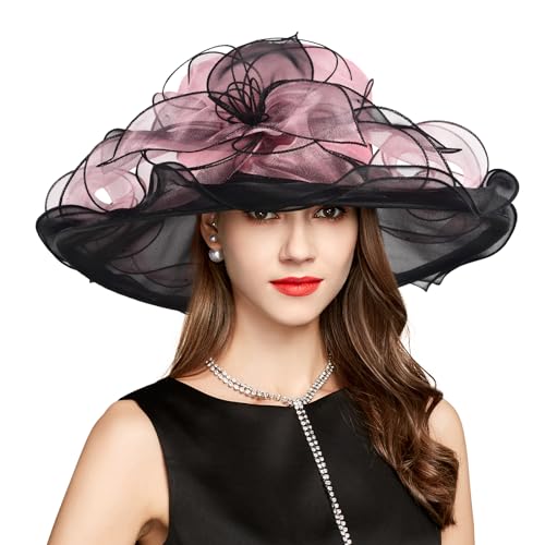 2026 Derby Hats for Women Ladies, Classy Organza Sun Hat, Church Tea Party Wedding Kentucky Fascinator Hat - color: J-2462-pink Black