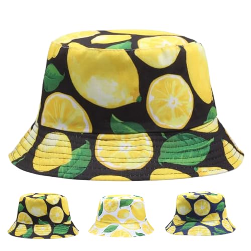 Funny Bucket Hat Foldable Festival Hats Wide Brim Hat Unisex Reversible Fisherman Hats Fruit Patterns - color: Lemon-black
