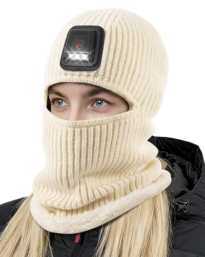 Winter Balaclava Knitted Ski Mask with LED Light - Fleece Lined Full Face Cover Windproof Snow Mask for Skiing, Motorcycling - color: Beige