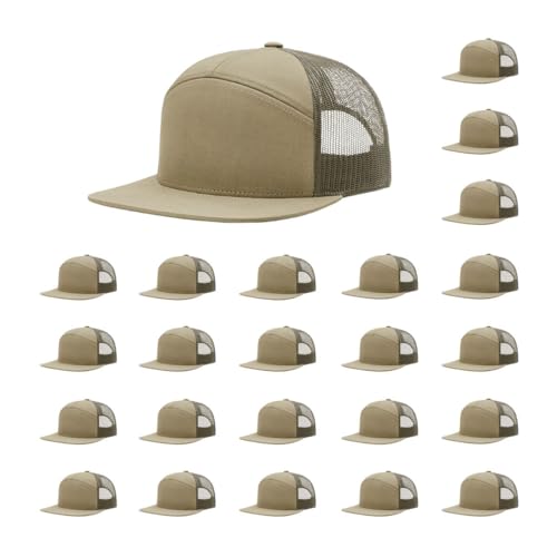 Richardson 168 Hi-Pro 7 Panel Adjustable Snapback Trucker Mesh Back Cap - color: Pale Khaki/Loden