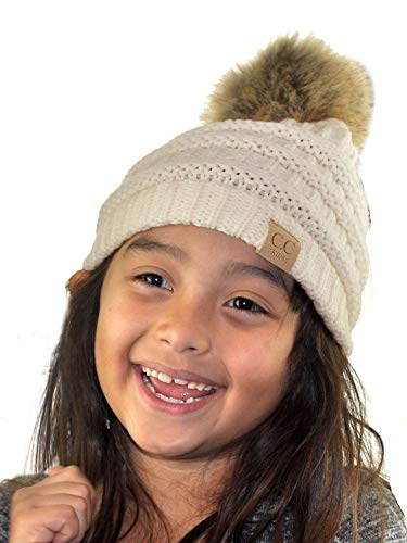 C.C Children's Kids' Soft Stretch Cable Knit Faux Fur Pom Beanie Hat - color: Ivory