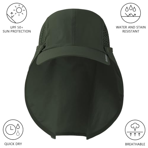 BASSDASH UPF 50+ Fishing Hat, Baseball Cap with Removable Neck Flap - color: Army Green With Unfoldable Brim
