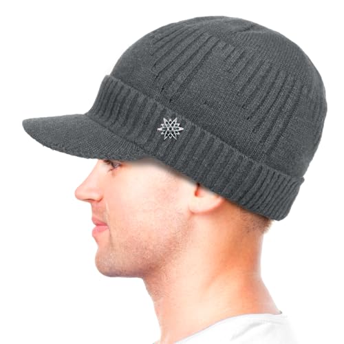 Dahlia Men's Beanie with Visor - Wool, Winter Hat w/Brim, Fleece Lined - color: Ribbed: Gray