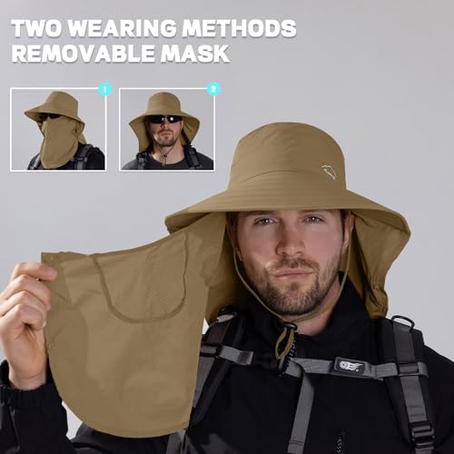 Rosoz Sun Hat for Men Women with Neck Flap& Removable Face Cover Wide Brim - color: 1pack-brown