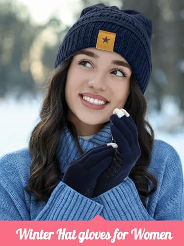 JaGely 6 Pcs Women Winter Beanie Hat Gloves Set Warm Knitted Hats and Touchscreen Gloves Lady Cold Winter Gifts for Christmas - color: Black, Grey and Dark Blue