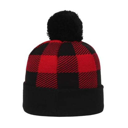 Outdoor Cap Unisex Adult Sasquatch Knit Beanie with Cuff & Pom - color: Buffalo Plaid Red and Black