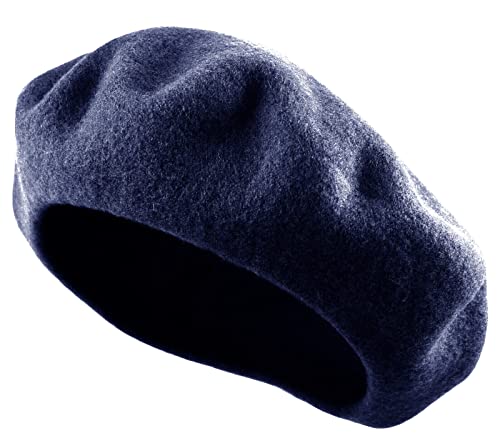 Women's French Beret Hat Solid Color Plain Wool Classic Traditional Artist Cap - color: Navy