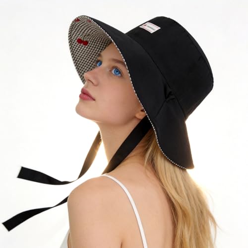 Women's Reversible Bucket Sun Hat with Cherries Embroidered Pattern, UPF 50+ UV Protection, Water Resistant for Beach Hiking - color: Black