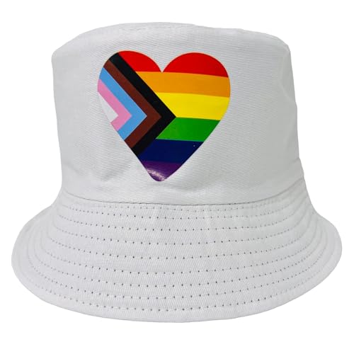 Pride Unisex Bucket Hat Reversible Double-Side-Wear Packable for Travel, Outdoors, and Beach - color: White Progress Pride Heart