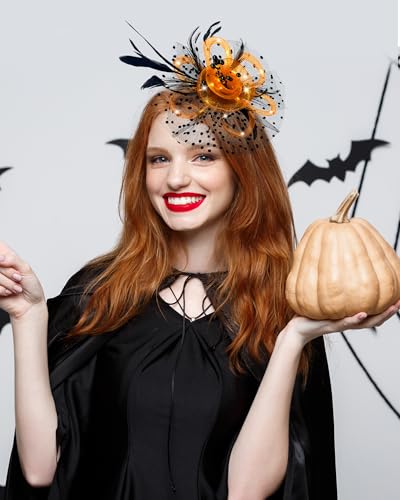 Women Fascinator Hats LED Light Up Headband for Tea Party Halloween Night Headwear Christmas Mardi Gras - color: Black Orange